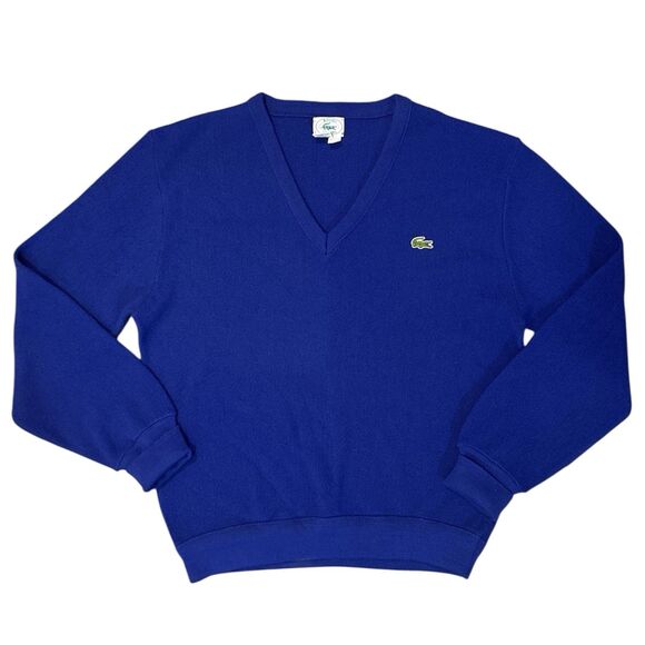 Vintage Izod Lacoste V-Neck Sweater Mens L – Blue 100% Acrylic Made In USA - EUC - Picture 1 of 7